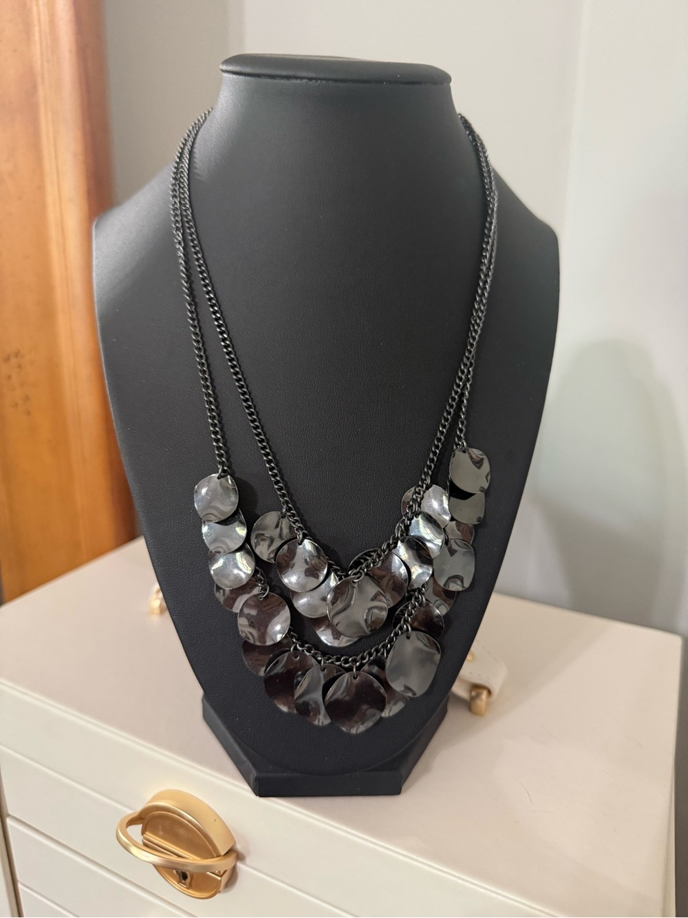 Gun Metal Layered Black Disc Necklace